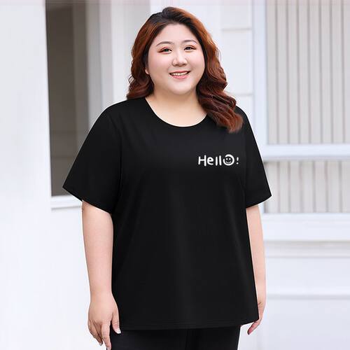 特大码女装夏季新款圆领短袖t恤加肥胖妈妈时尚纯色简约显瘦上衣