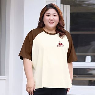 新款 加肥加大碼 200斤夏裝 寬松短袖 女裝 T恤胖mm圓領(lǐng)印花顯瘦上衣女
