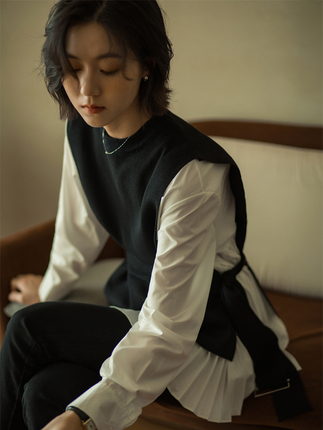 韩国正品文艺秋季新款女装休闲气质套装宽松显瘦不规则收褶两件套
