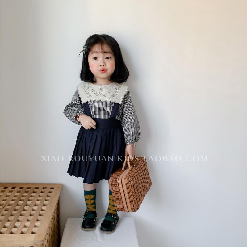 小肉圆202春秋款韩版女童宝宝学院风百褶裙儿童可爱背带裙连衣裙