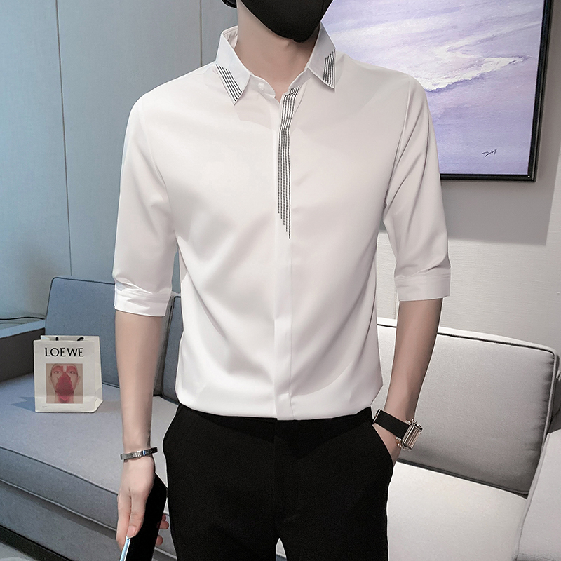 刺绣高级感潮流男士七分袖衬衫7分半截袖寸衫轻奢衬衣A161-P55，男装衬衫，电商B372