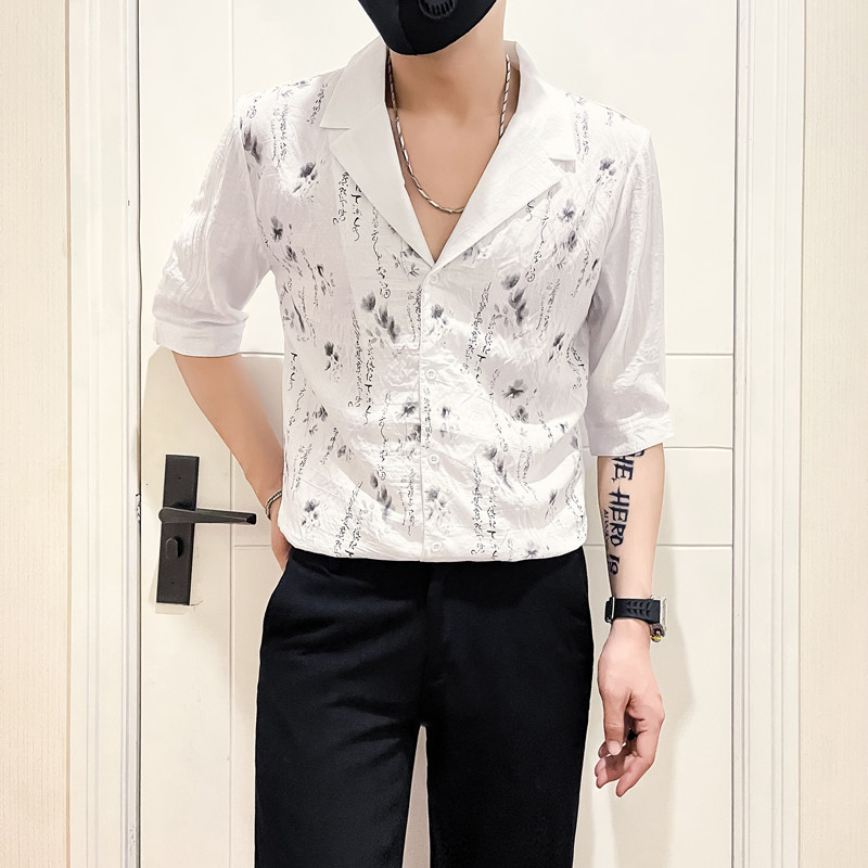 社会小伙店主风无头英伦2025夏天新款男七分袖衬衫 A250-P58 控78图片