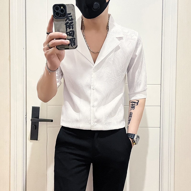 社会小伙店主风无头风2025夏装新款潮男士七分袖衬衫A251-P58控78,男装衬衫,电商B372