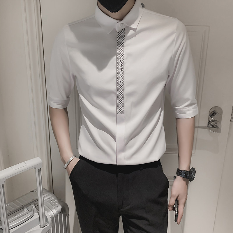 2025新款刺绣七分袖衬衫男装修身潮流帅气发型师薄款A121-P50,男装衬衫,电商B372