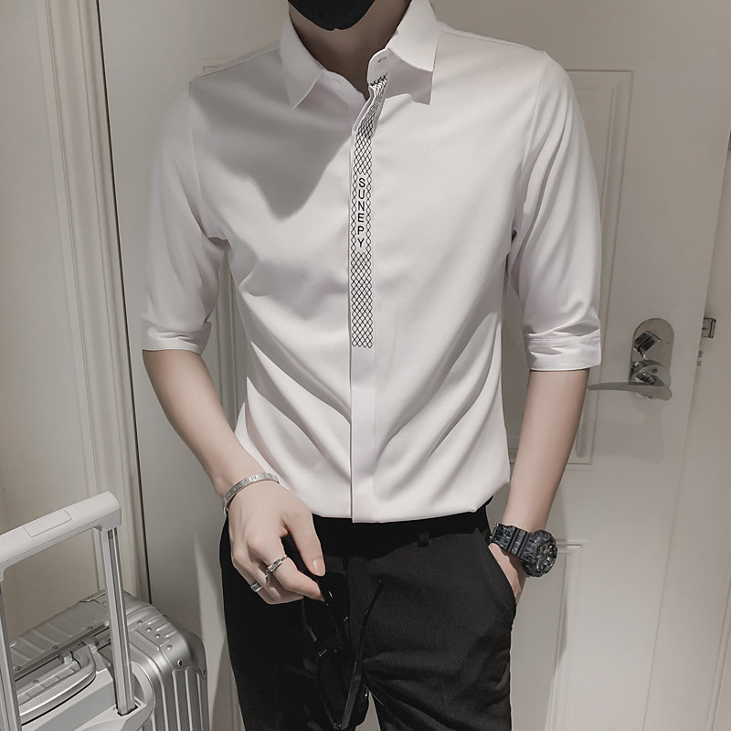 2025新款刺绣七分袖衬衫男装修身潮流帅气发型师薄款A121-P50,男装衬衫,电商B372