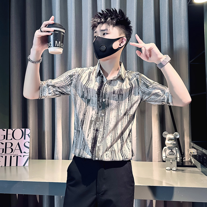 社会小伙2025夏装新品条纹修身潮男士中袖衬衫B372-A253-P58控78,男装衬衫,电商B372