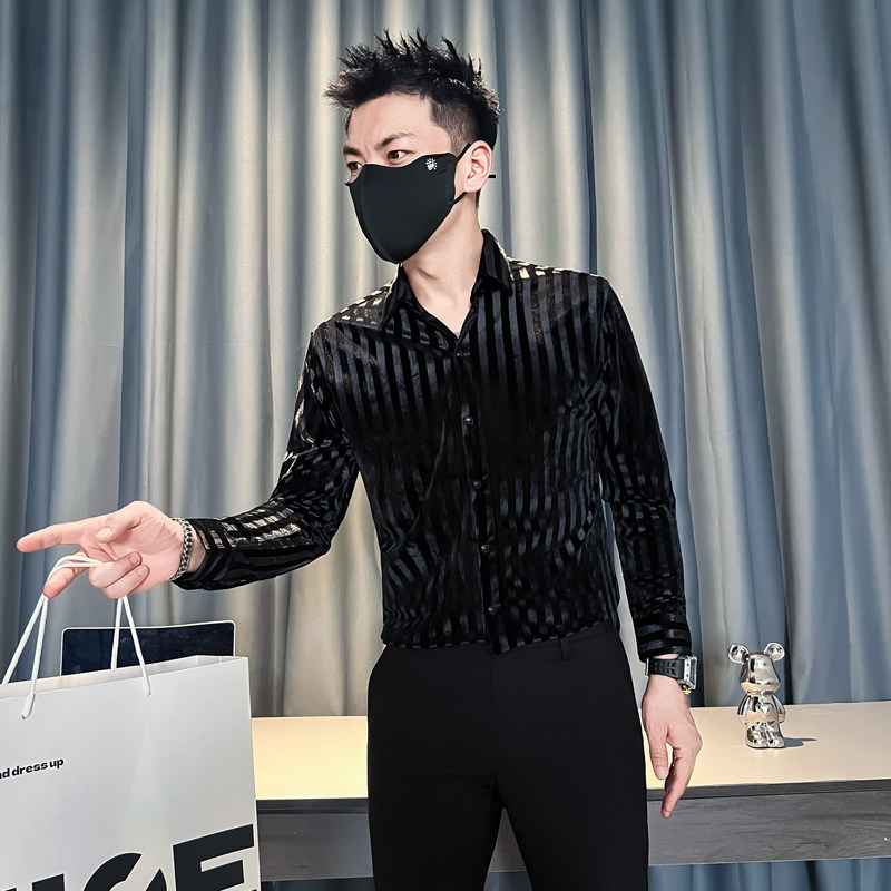 2025秋冬新款韩绒条纹社会小伙修身保暖男士长袖衬衫A263-P68,男装衬衫,电商B372