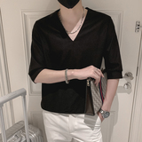 2022流行休闲V领男士修身t恤时尚社会小伙纯色七分袖小衫AT28-P45，男装T恤，电商B372