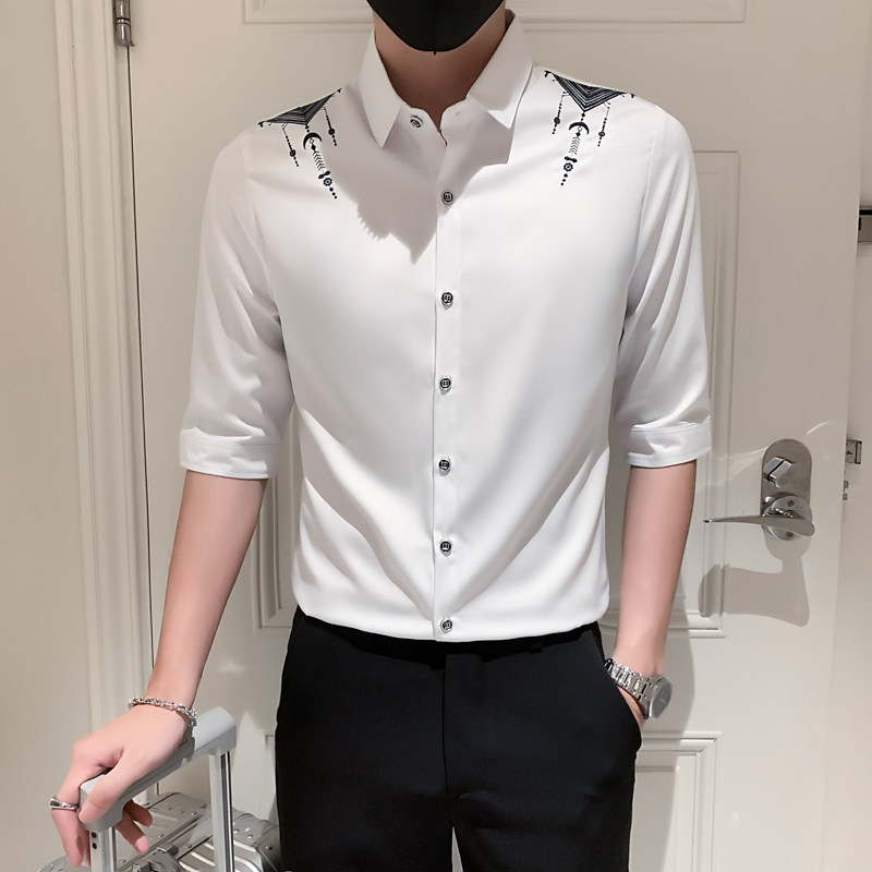 夏装新款七分袖衬衫男装ins潮牌西装领刺绣寸衫衣服A179-P55,男装衬衫,电商B372