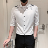 夏装新款七分袖衬衫男装ins潮牌西装领刺绣寸衫衣服A179-P55，男装衬衫，电商B372