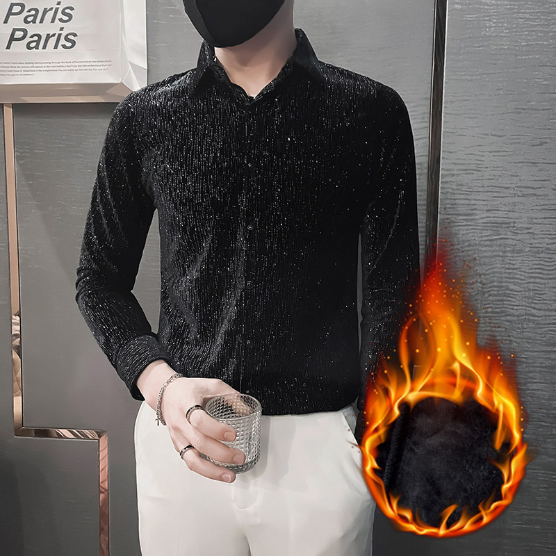 满天星烫钻长袖衬衫2025新款加绒加厚潮男士痞帅寸衫HF777-特P70，男装衬衫，电商B372