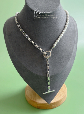 一半一半 两种戴法人造珍珠拼接金属链条OT扣短款项链女锁骨链