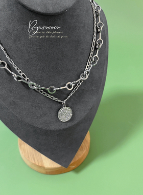 英国AS0S复古银币双层叠戴项链女短款小众嘻哈毛衣链潮锁骨链配饰