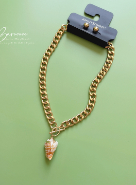 美国本土品牌AshleyStewart鎏金天然贝壳金色链条OT扣短款项链女