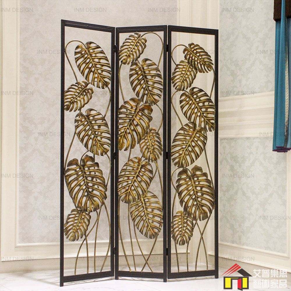 美式乡村铁艺镂空屏风 客厅玄关隔断屏古典荷叶雕花折屏座屏 饰品
