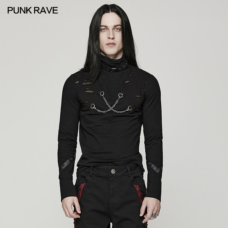 小破亚文化 PUNK RAVE pr朋克状态男装 日常街头暗黑立领长Tee