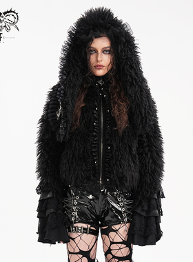 小破亚文化 devil fashion恶魔时尚女装 蓬蓬毛料兔耳朵连帽外套