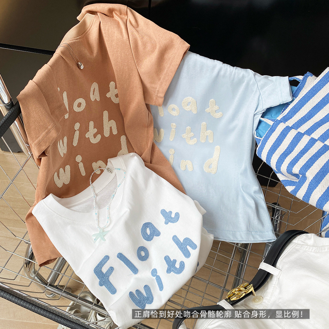 夏季新款女装美式麦穗刺绣撞色字母短袖T恤通勤休闲百搭正肩上衣t