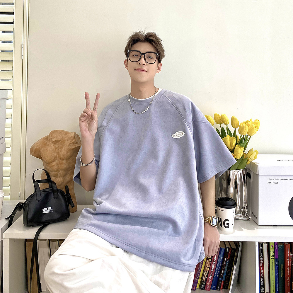 设计双层肩夏装新款男装宽松港风麂皮绒男士短袖T恤DX2339P35,男装T恤,电商A031-1
