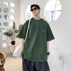 设计双层肩 夏装新款男装宽松港风麂皮绒男士短袖T恤DX2339 P35图片