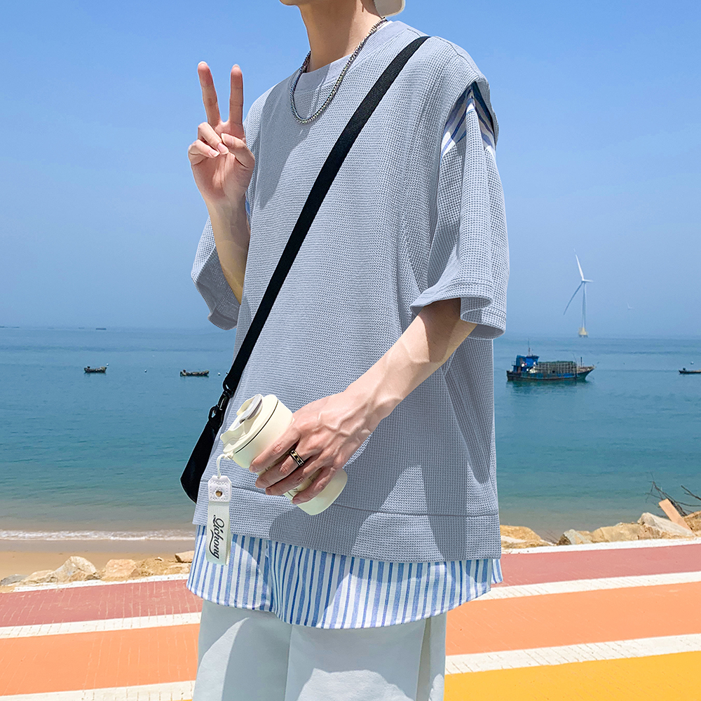 假两件T恤夏装新款男装宽松港风男士短袖T恤DX23432P45，男装T恤，电商A031-1