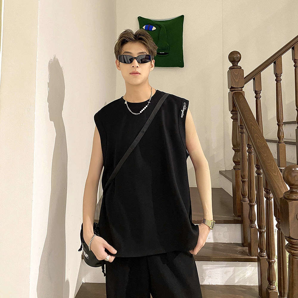 太空层字母刺绣无袖T恤夏装新款男装宽松港风男士背心DX2317P35,男装T恤,电商A031-1