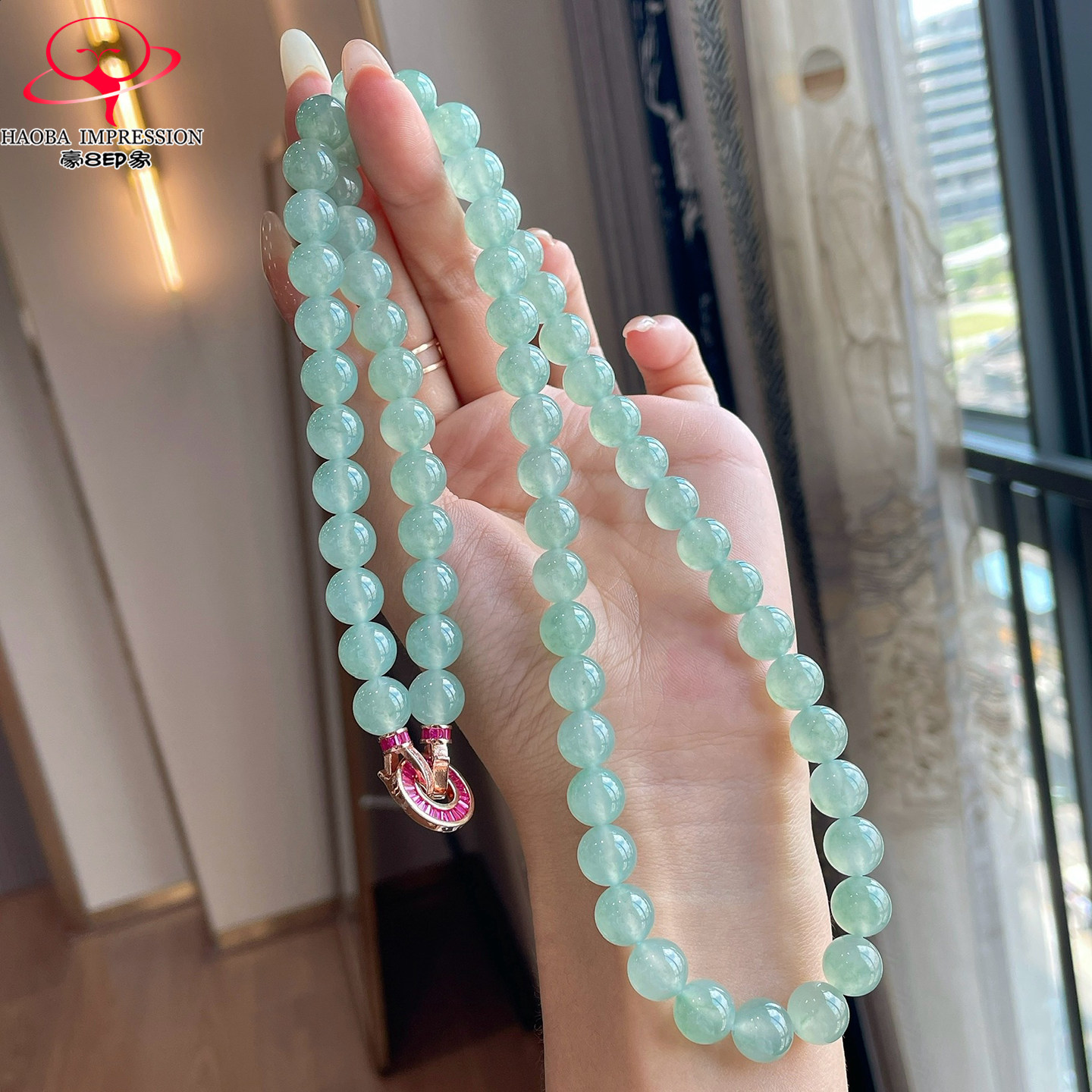豪8印象P893翡翠冰种蓝水项链珠子10/66颗天然缅甸玉石珠链手串