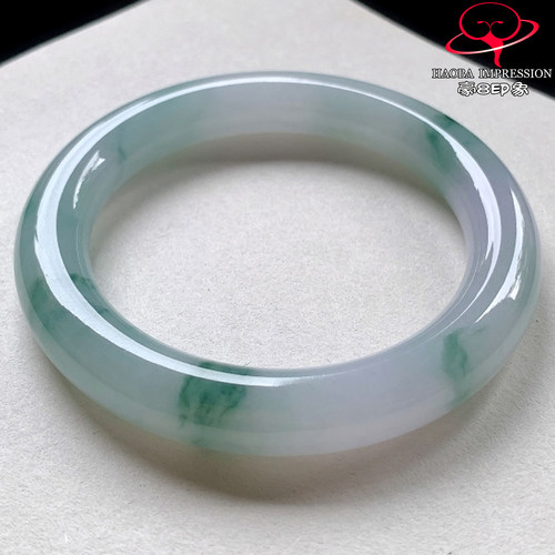 豪8印象V26800V1854翡翠圆条手镯圈口53.2天然冰糯种绿飘花玉手镯