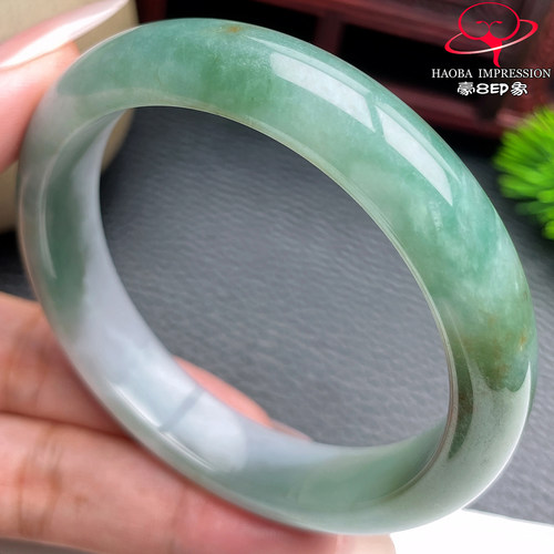 豪8印象S226018Y206翡翠手镯圈口57.2天然半山水油绿缅甸玉镯55g
