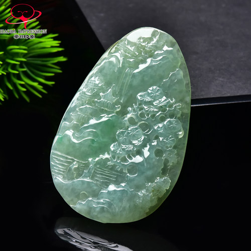 豪8印象手镯之家G26070G226翡翠山水牌吊坠天然a货冰种淡绿玉挂件