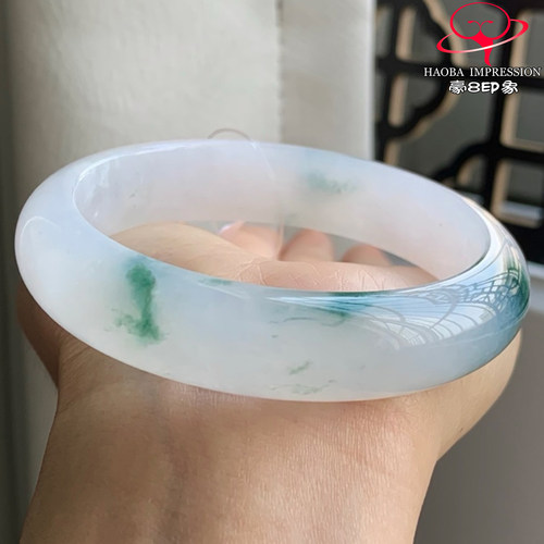 豪8印象W261280W160翡翠手镯圈口57.5天然冰种白底蓝绿飘花玉手镯