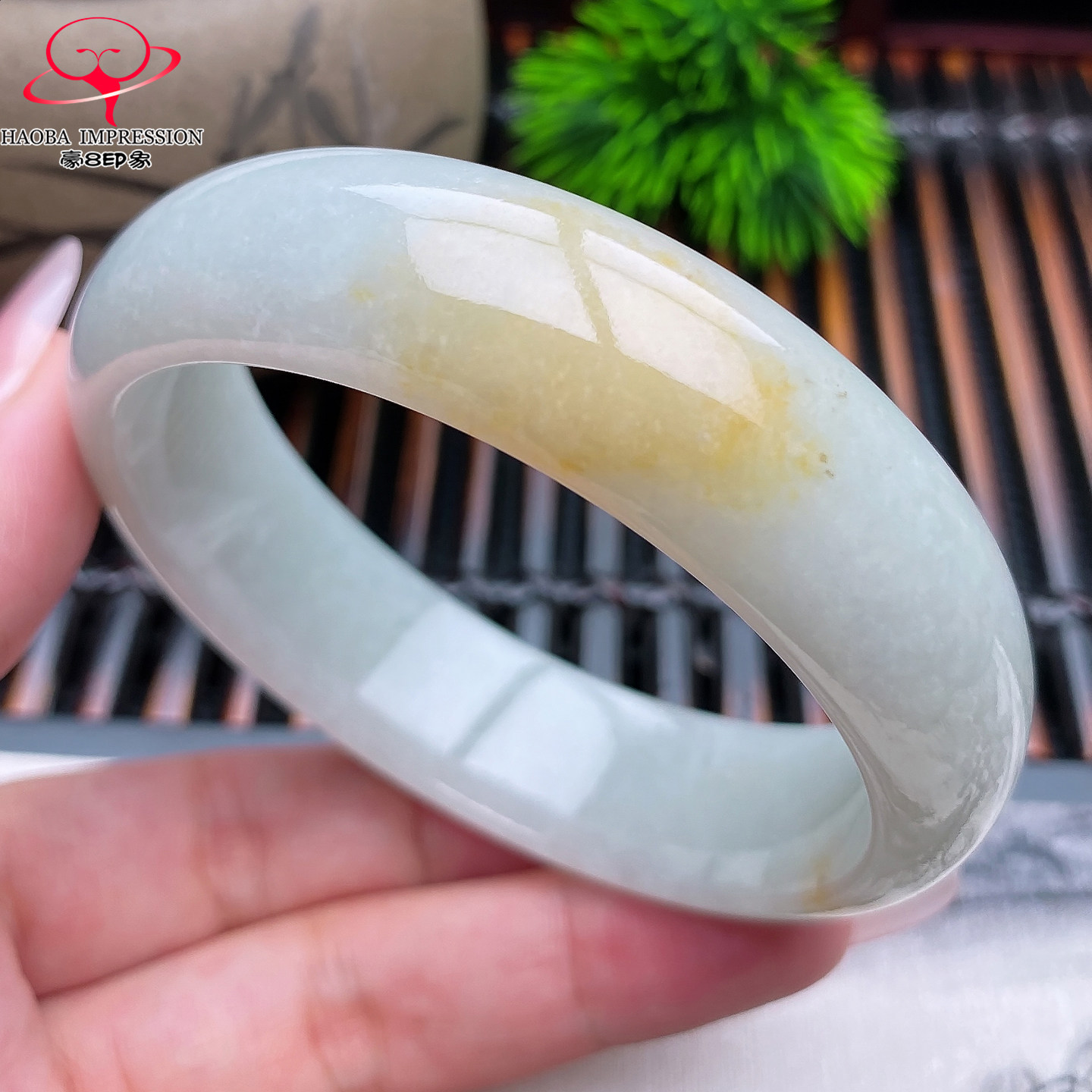 豪8印象X26180X366翡翠手镯圈口59.6冰糯种白底带黄翡缅甸玉镯75g
