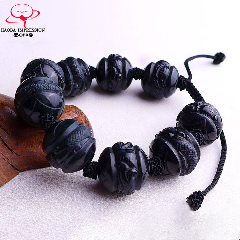 豪8印象L26070L235翡翠九龙戏珠手串冰糯种墨翠九龙抱柱佛珠手链