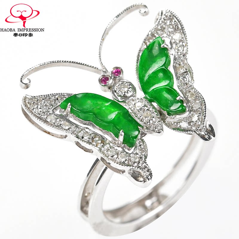 豪8印象m2517天然翡翠镶嵌蝴蝶戒指指环女款艳绿缅甸a货玉石珠宝