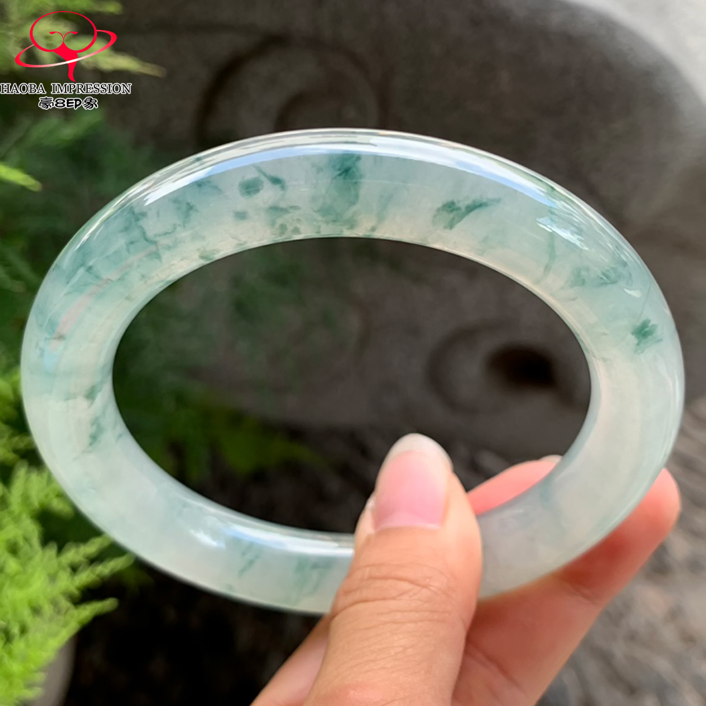 豪8印象V277翡翠圆条手镯圈口65.1天然冰种蓝绿飘花缅甸玉石手镯