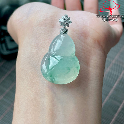 豪8印象P26150P2823翡翠葫芦吊坠天然冰种绿飘花缅甸玉福禄寿挂件