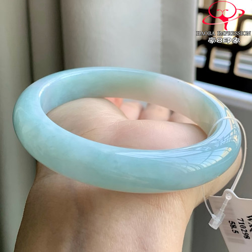 豪8印象W26080W720天然A货翡翠圈口58.3冰糯种湖水蓝温润正圈玉镯