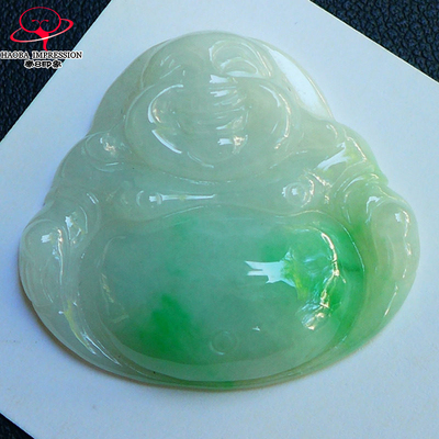 豪8印象L26022L650翡翠笑佛吊坠天然缅甸冰糯种白底带翠佛公挂件