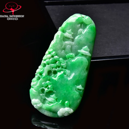 豪8印象手镯之家G26160G142翡翠意境山水牌吊坠天然阳绿翠绿挂件