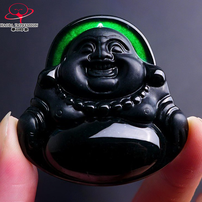 豪8印象L26022L660翡翠笑佛吊坠天然冰糯种墨翠玉佛公弥勒佛挂件