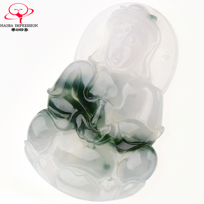 豪8印象X167天然翡翠圆光玉观音吊坠男款蓝绿冰种缅甸玉石a货珠宝