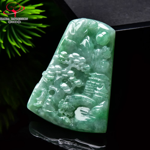 豪8印象手镯之家G26070G215翡翠山水牌吊坠缅甸冰糯种豆绿玉挂件