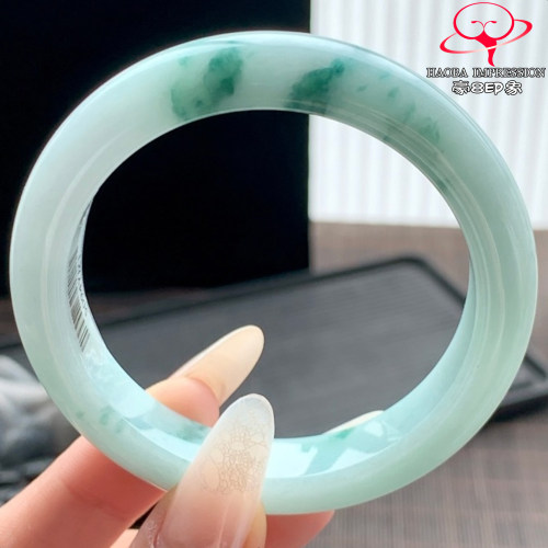 豪8印象P26360P2594翡翠手镯圈口54.1天然冰糯种绿飘花缅甸玉手镯