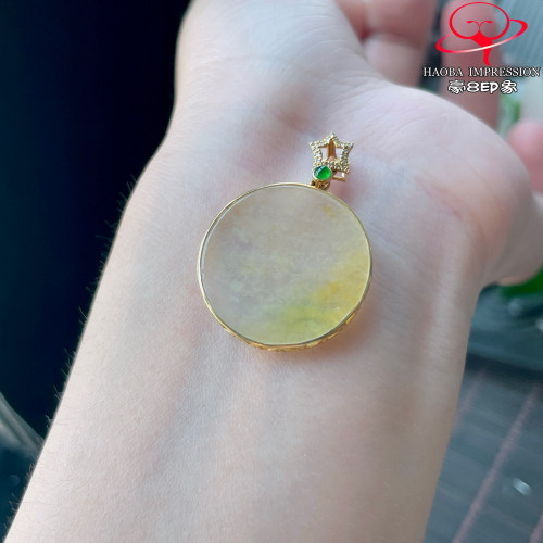 豪8印象P26128P2839翡翠圆牌挂件冰种黄翡宇宙星球玉平安牌吊坠
