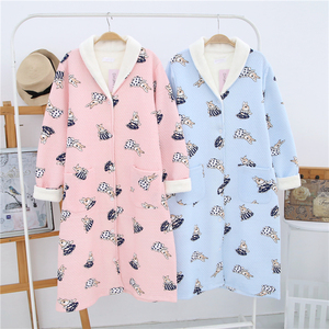 韩版秋冬季纯棉空气层睡袍女长袖夹棉加厚长款开衫睡裙家居服睡衣