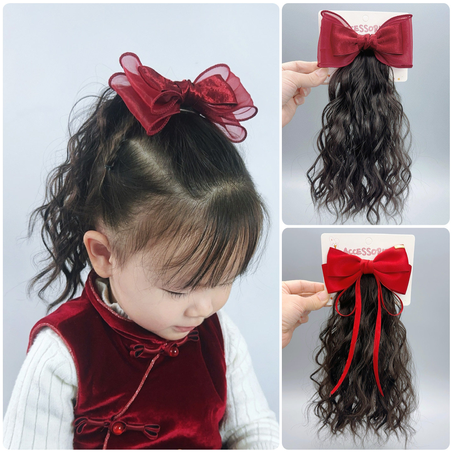 宝宝新年发饰红色蝴蝶结仿真波纹卷假发马尾夹女童喜庆拍照头饰