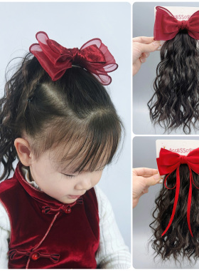 宝宝新年发饰红色蝴蝶结仿真波纹卷假发马尾夹女童喜庆拍照头饰