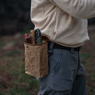 野人bushcraft户外野营轻便储物牛皮帆布收纳袋折叠杂物腰挂包