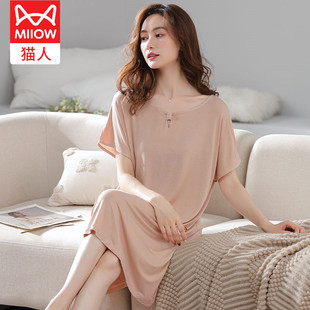 猫人睡裙女士大码夏季短袖莫代尔纯棉家居服中老年中年妈妈连衣裙