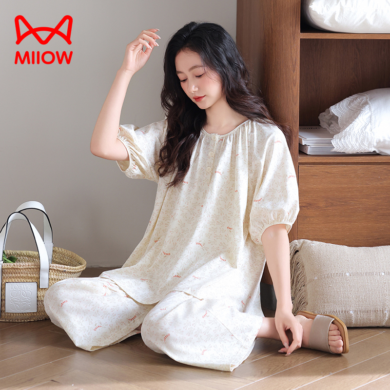 猫人夏季女士睡衣纯棉短袖七分裤半袖薄款夏天女款中年妈妈家居服